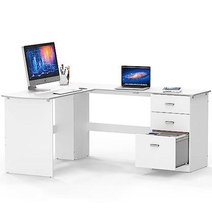 SHW L-Shaped Home Office Wood Corner Desk w/Box Box File Drawers, White - color: White