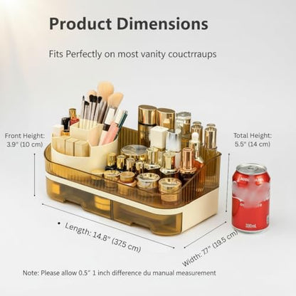 Makeup Organizer Countertop with Dual Drawers, Large Capacity Cosmetic Storage for Vanity Bathroom Skincare, 360° Rotating Makeup Brush Holder - color: brown