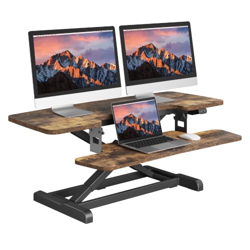 SANODESK Standing Desk Converter with Electric Motor 42" Height Adjustable Riser for Office Home,Dual Monitor and Laptop Workstation with Large Keyboard Tray, Rustic Color - color: Rustic, size: 42"