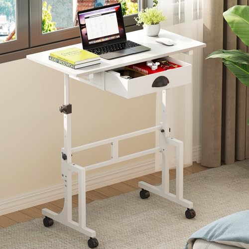 Cidaziya Adjustable Height Standing Desk for Walking Pad Treadmill, Portable Rolling Desk for Laptop with Drawer, Small Moblie Sit to Stand Desk On Wheels with Stiffener for Home Office Dorm Bedroom - color: White