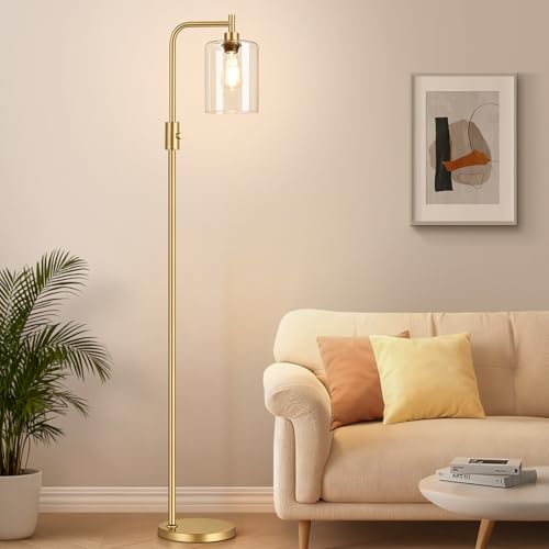 【Upgraded】 Dimmable Floor Lamp for Living Room with Clear Glass Lampshade, Gold Modern Glass Floor Lamp with 900LM LED Bulb Included, Arc Standing Tall Lamp for Bedroom, Office, Reading Room, Corner - color: Clear Glass-Gold