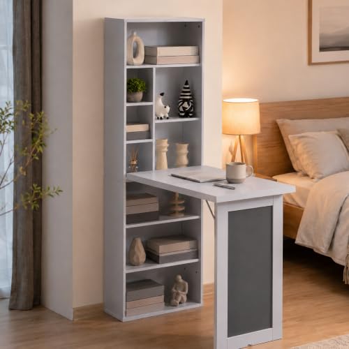 Wall Mount Foldable Writing Desk for Bedroom & Home Office (Grey) | Wall Desk, Wall Mount Foldable Desk with Bookshelf & Chalkboard, Space Saving Fold Down Floating Workstation - color: Grey