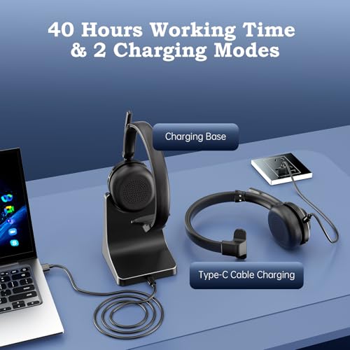 Bluetooth Wireless Headset with Mic for Work, Advanced Noise Reduction Microphone, Clear Calls - Comfortable On-Ear Headphones, Bluetooth 5.3, Applicable to PC, Zoom(Without USB Dongle)