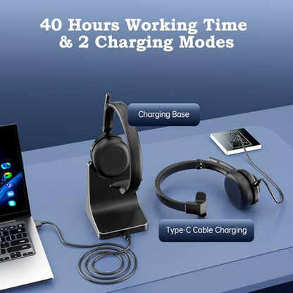 Bluetooth Wireless Headset with Mic for Work, Advanced Noise Reduction Microphone, Clear Calls - Comfortable On-Ear Headphones, Bluetooth 5.3, Applicable to PC, Zoom(Without USB Dongle)