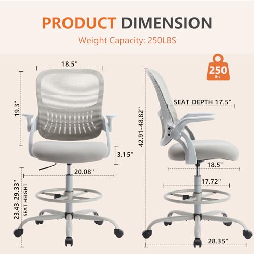 Sweetcrispy Tall Drafting Chair, High Office Desk Chair with Lumbar Support | Adjustable Height, Comfy Flip-up Arm, Footrest, 360° Rolling Counter Stool, Grey - color: Grey, size: 48.4 inches (H) x 24 inches (W) x 25.2 inches (D)