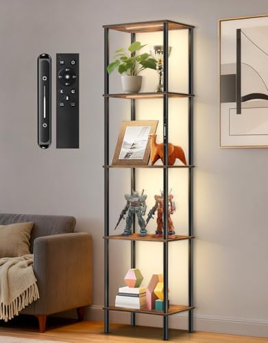 5 Tier Tall Display Shelves with LED Lights, Touch & Remote Control, Dimmable Display Cabinet, Open Bookshelf with 3 Color Temperature, Timer for Living Room, Bedroom, Home Decor - color: Rustic Brown, size: 5 Tier(Narrow)