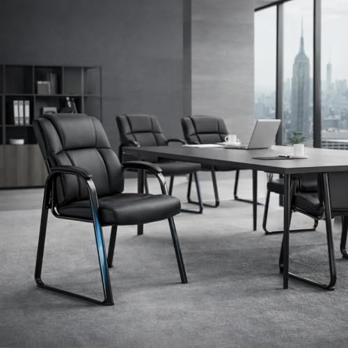 Office Guest Chair, PU Leather Padded Arms, Set of 2 | Waiting rooms, reception areas, conference rooms, clinics, metal frame, no wheels, high-density cushion, ergonomic backrest - color: Black, size: set of 2
