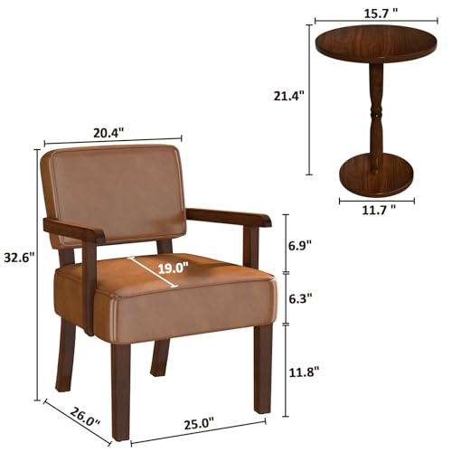 FAGAGA Accent Chairs Set of 2, 2 Solid Wood Armchairs with Side Table | Faux Leather Chair with Soft Thicken Cushion, Comfy Reading Chair for Bedroom, Waiting Room, Home Office, Easy Assembly - color: Faux Leather Brown, size: Set of 2 with table