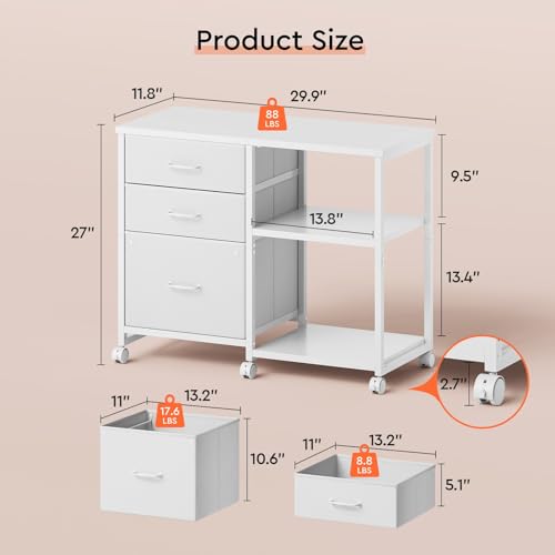 Maihail 3 Drawer File Cabinet with Wheels with Open Storage Shelf, White - color: White