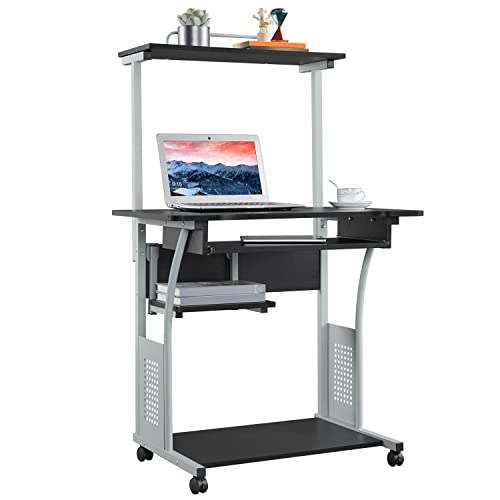 Yaheetech Compact Computer Desk with Wheels, 2-Tier Shelves, Black | Metal Frame and Wood-Grain Top Hold a Keyboard Tray, Monitor, and Tower for Small Rooms, Assemble Quickly, and Roll Easily.