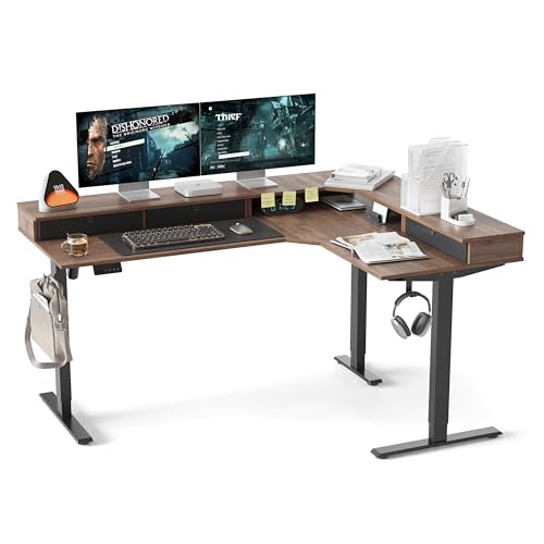 CubiCubi L Shaped Standing Desk with Drawers 63 x 48 Inch Adjustable Height, Electric Corner Desk with Storage, Sit Stand Home Office Desk with Splice Board, Black Walnut