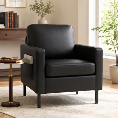 Mid Century Black Leather Mordern Accent Arm Chairs for Living Room | AODAILIHB Cloud Small Sofa With 2 Side Pockets Thick Cushion, Comfy Couch with Metal Leg for Office/Waiting Room/Bedroom/Dorm - size: 1 chair