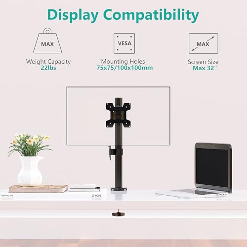 WALI Single Monitor Mount, Vesa Monitor Arm for 13-32 inch, up to 22lbs | Adjustable Monitor Mount for Desk, Full Motion with Tilt, Swivel, Rotation, C-Clamp/Grommet Mounting, VESA 75/100mm (M001S) - size: Single, style: Adjustable
