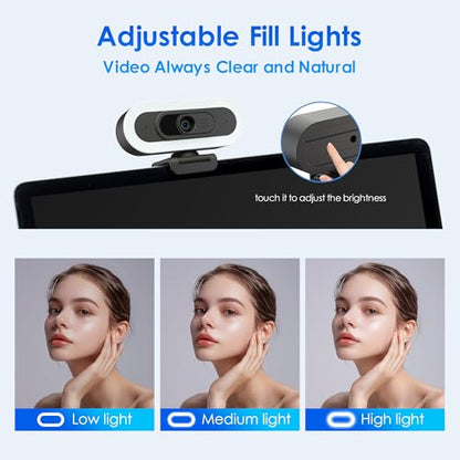 saylas 2K Webcam with Lights, HD Webcam for PC, 2K@60FPS Web cam with Microphone, 65° FOV, Autofocus, Noise Cancellation, Privacy Cover, Web Camera for Computer/Laptop, USB Streaming Computer Camera - color: 2K with light/65° FOV