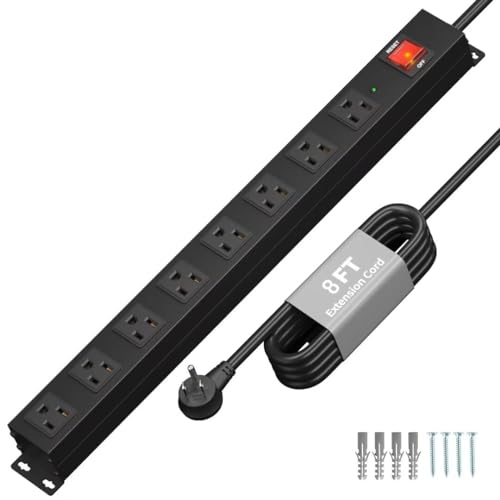 KF 8 Outlet Heavy Duty Power Strip Surge Protector, 2100J Surge Protection Black Power Strip, 15A/1875W Mountable Power Strips, 14AWG 6FT Extension Cord, Black(8FT-2100J) - color: Black(8 outlet), size: 8FT