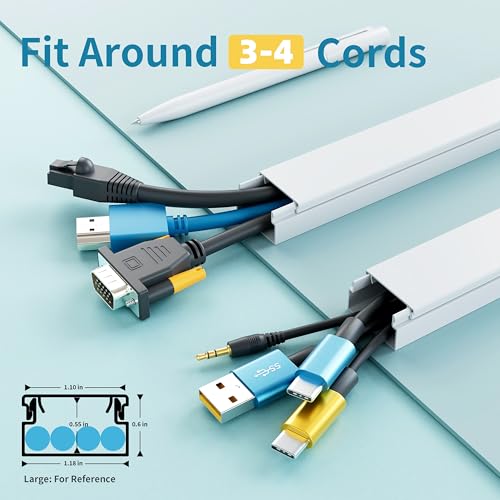 Delamu Cord Hider, 100in Self-Adhesive Cord Cover Kit for Wall Mounted TV, Paintable Wire Hider, Flexible Cable Management System, Cable Raceway Conceals 3-4 Wires, W1.18 H0.60in, White - color: White, size: 100in x 1.18in x 0.60in