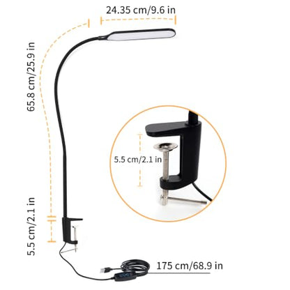 Long Gooseneck LED Clamp Desk Lamp, Eye-Caring Reading Light | Dimmable Clip on Lamp, 800LM, 3 Colors and 10 Modes, for Office Home Task