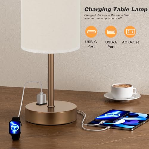 Fenmzee Touch Table Lamp - Beige, 3-Way Dimmable, USB A + C Charging, AC Outlet, 17.4inch Medium, Brown Metal Base - color: Beige - Brown, size: 17.4" Touch Control