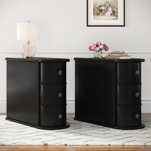 Wood End Table with 3 Drawers, No Assembly Required Narrow Sofa Side Table for Living Room, Vintage Slim Nightstand Bedside Table Bedroom (3 Drawers, Black, 2 Pcs) - color: Black, size: 2 Pcs, style: 3 Drawers