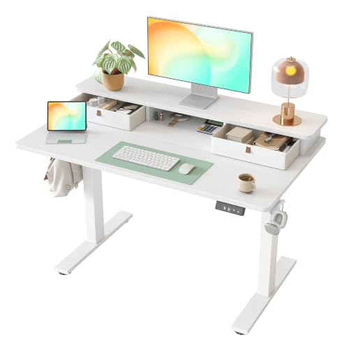 TIQLAB 40 * 24 inch Standing Desk with Two Drawers&Top Shelf, White | Smooth Height Adjustment, 2 Memory Presets, One-Touch Control, Stable Steel Frame, 176 lbs Capacity, Easy Assembly - color: White, size: 40*24 inch without keyboard tray