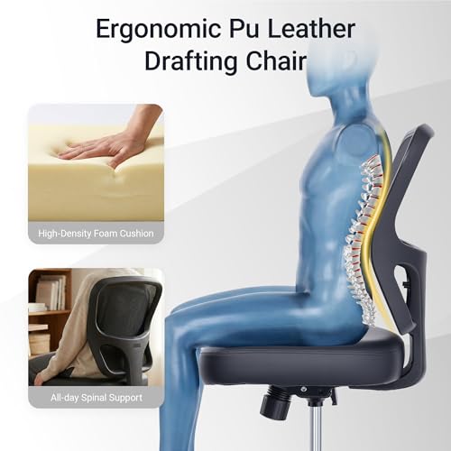 HYLONE Armless Office Chair with Footrest, PU Leather Swivel Desk Chair, Adjustable Height Drafting Chair for Home Office, Mid Back Counter Height Computer Chair