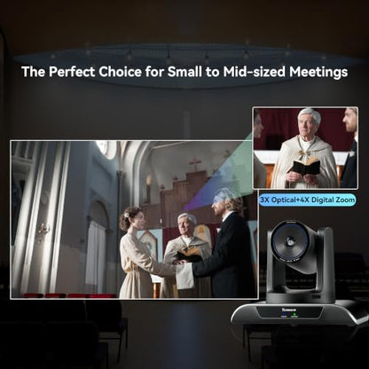 Tenveo AI Auto-Tracking PTZ Camera 3X Optical + 4X Digital Zoom, USB3.0/HDMI/RS232, 93° Wide-Angle for Video Conferencing, Business Meetings, Live Streaming, Church, Worship, Zoom, Teams, OBS - color: Obsidian