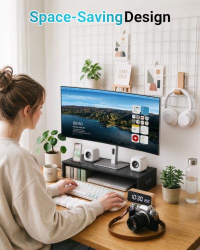 1home Ergonomic Monitor Stand Riser, 21.3 Inch Wood Desktop Stand with Cellphone Holder and Cable Management, Black - color: Black, size: 21.3 x 10 x 4 inches