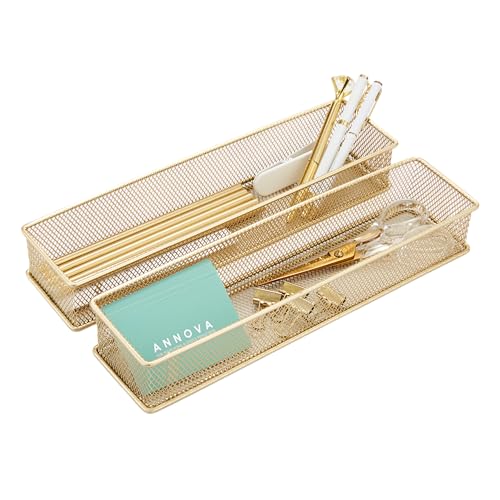 Annova Mesh Stackable Drawer Cabinet and Shelf Organizer Bins Storage Basket School Office Supply Holder Tray- Set of 2 (Gold, 3x12x2 Inch) - color: Gold, size: 3x12x2 Inch