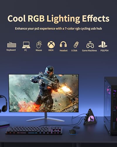 7-Port USB 3.0 Hub, Vertical USB Hub Splitter with RGB Lighting,5Gbps High-Speed Data Transfer and 2FT Extension Cable, Compatible with PC, MacBook, Laptop, PS5, Xbox, Flash Drive, Printer - color: 1-Black