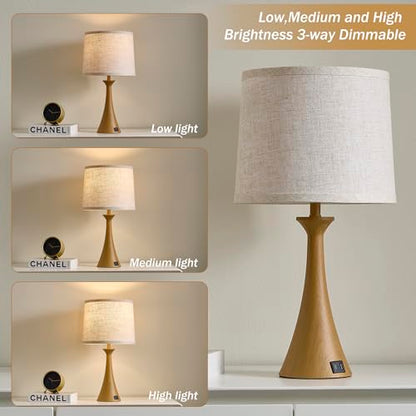 Touch Table Lamps Set of 2, 21" Bedside Lamps with USB C+A | 3 Way Dimmable Nightstand Lamps with Linen Shades, 2 LED Bulbs Included, Touch Lamp for Living Room, Bedroom and End Tables - color: Wood Grain