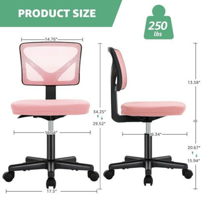 Armless Mesh Office Chair, Ergonomic Low Back Deskchair, Adjustable Rolling Task Computer Swivelchairs for Small Spaces Home Bedroom Study, Pink - color: Pink