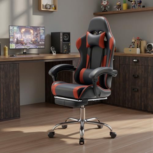 DUMOS Ergonomic Gaming Chair with Footrest, Home Office Desk Chair | PU Leather, Headrest, Linkage Armrests, Height Adjustable, 360 Swivel Reclining, Black Red - color: Black Red, size: PU Leather 27"D x 25"W x 52"H