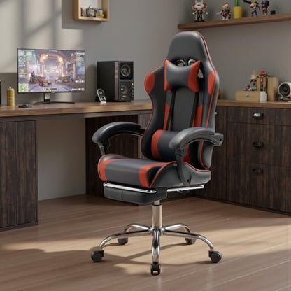 DUMOS Ergonomic Gaming Chair with Footrest, Home Office Desk Chair | PU Leather, Headrest, Linkage Armrests, Height Adjustable, 360 Swivel Reclining, Black Red - color: Black Red, size: PU Leather 27"D x 25"W x 52"H