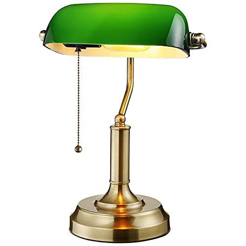 TORCHSTAR Green Glass Bankers Desk Lamp with Pull Chain, E26 Base | Brass Finish Base, Antique Traditional Library Lamp for Office Study Room, Bulbs not Included - color: Green