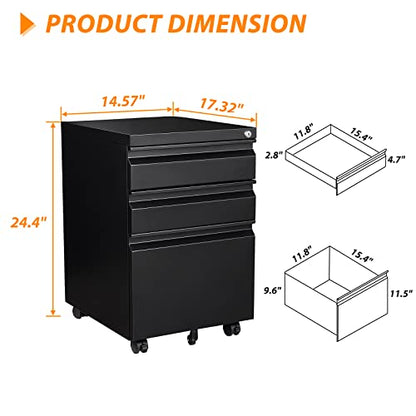 3 Drawer File Cabinet with Wheels, Metal Filing Cabinet with Lock, Office Rolling File Cabinets for A4/Legal/Letter Size, Assembly Required, Black - color: Black, size: 3 Drawer (Wheel)