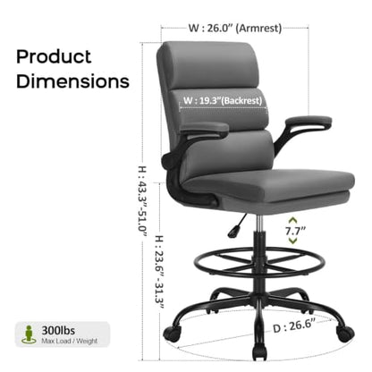 amseatec Drafting Chair, Tall Office Chair with Footrest for Standing Desk | 3-zone backrest and dual-layer cushion add comfort; 90° flip-up armrests plus adjustable foot ring fit counter-height tables - color: Grey