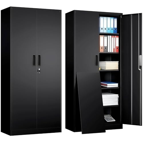 Metal Garage Storage Cabinets,71” Tall Metal Storage Cabinet with Lock and 5 Adjustable Shelves, Locking Cabinets for Office, Home, Garage, Warehouse 71" H x 32" W x 16" D (Black) - color: Black, size: 71" H&5 Shelves