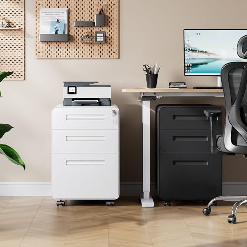 DEVAISE 3 Drawer File Cabinet with Lock, Fully Assembled Filing Cabinet | Mobile Metal File Cabinet Under Desk for Home Office, Printer Stand fits Letter/Legal Size, White - color: White, size: Rounded Corner 20" D x 16" W x 25" H