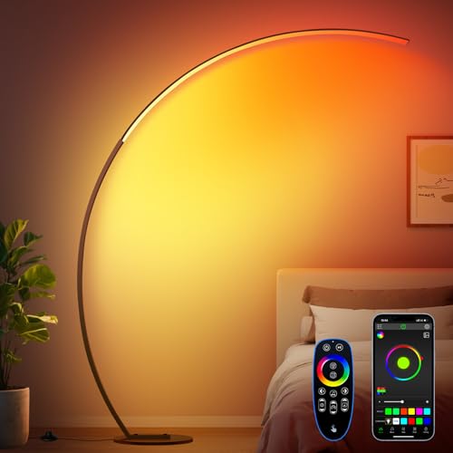 RGB Floor Lamp with 3 Color Temperatures, Ultra Bright 1800LM Smart Arc LED Floor Lamp with Remote Control, Music Sync, Scene Modes, Modern Standing Tall Lamp for Bedroom Living Room Gaming Room-Brown - color: Brown-RGBCCT