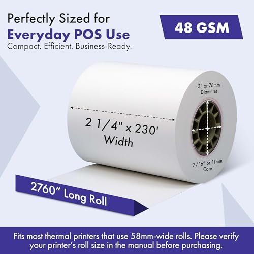 2 1/4" x 230' Thermal Receipt Paper Rolls 50 Count BPA & BPS Free Phenol-Free Thermal Printer Paper, 48 GSM POS Paper Rolls for Credit Card Machines, Registers & Retail Use, Recyclable Core - size: 2 1/4" x 230'