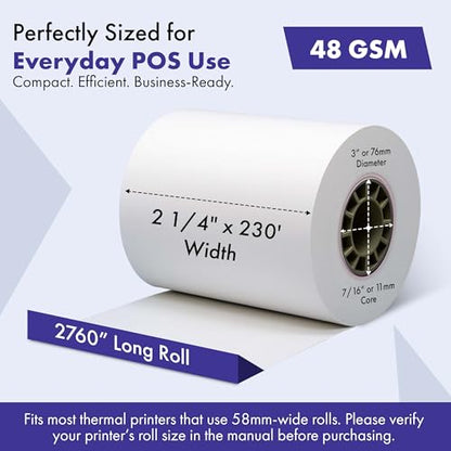 2 1/4" x 230' Thermal Receipt Paper Rolls 50 Count BPA & BPS Free Phenol-Free Thermal Printer Paper, 48 GSM POS Paper Rolls for Credit Card Machines, Registers & Retail Use, Recyclable Core - size: 2 1/4" x 230'