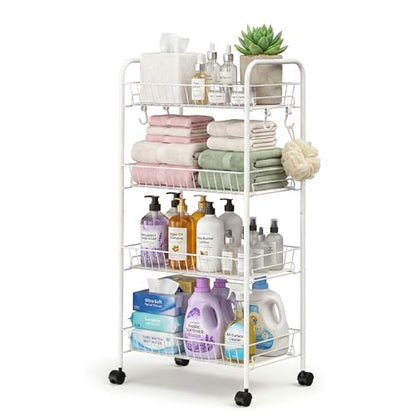 PLKOW 4-Tier Rolling Utility Cart with Detachable Baskets, White - color: White