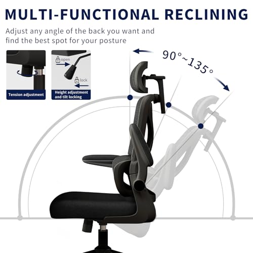 Ergonomic Office Chair - Desk Chair with Adjustable Headrest Lumbar Support Computer Chair - Mesh Comfy Chair with Flip-up Armrests - Gaming Chairs for Adults Home Office (Black+Black) - color: Black+black