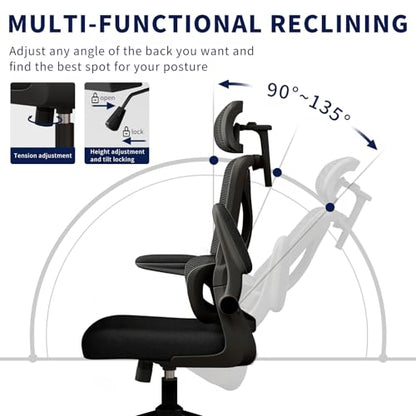 Ergonomic Office Chair - Desk Chair with Adjustable Headrest Lumbar Support Computer Chair - Mesh Comfy Chair with Flip-up Armrests - Gaming Chairs for Adults Home Office (Black+Black) - color: Black+black