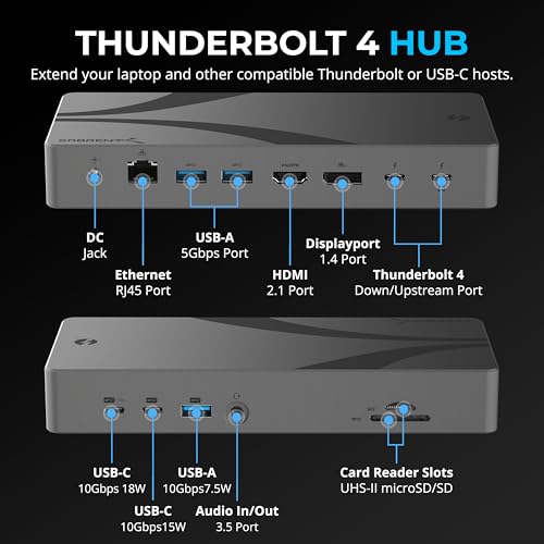 SABRENT Thunderbolt 4 Docking Station, 8K/4K, HDMI 2.1, GbE (DS-T4MF) | TB4 ports; USB4 & TB3 compatible; DP 1.4; USB-C/A; Gigabit Ethernet; SD/TF; Win/Mac - style: Thunderbolt 4 Dock – Full I/O