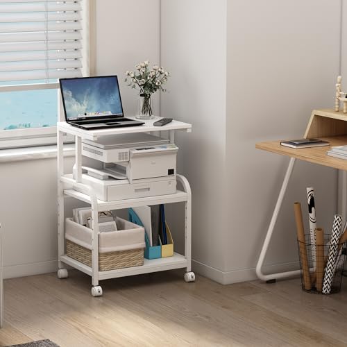 Fannova White Printer Stand with Storage, 3 Tier Printer Table with Height Adjustable Shelf, Rolling Printer Cart with Wheels for Home Office Organization - color: White