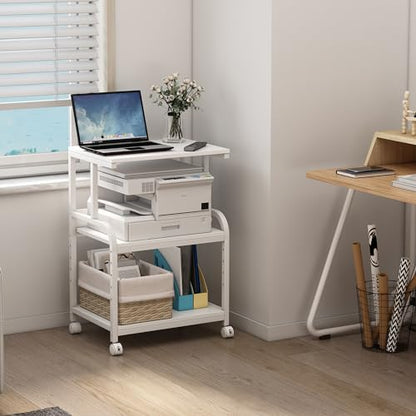Fannova White Printer Stand with Storage, 3 Tier Printer Table with Height Adjustable Shelf, Rolling Printer Cart with Wheels for Home Office Organization - color: White