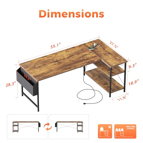 Mericonia 55 inch L Shaped Gaming Desk, Large Corner Desk with Shelves - color: Brown, size: 54 inch
