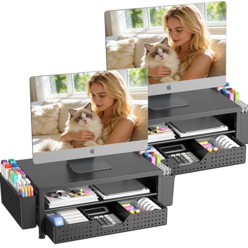 Desk Organizers and Accessories, Computer Monitor Stand Riser with Drawer and 2 Pen Holders, Printer & Laptop Stand, Office Desk Accessories & Workspace Organizers for Home Office Supplies, Black 2-Pack - color: Black 2-Pack