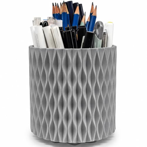 Lebenrich Rotating Pen Pencil Holder for Desk, 5 Slots Unique Grey Desk Pen Organizer Easthetic Desktop Supplies and Accessories for Women Girls, Pen Cup Pencil Caddy for Office Home Art Supply - color: Grey